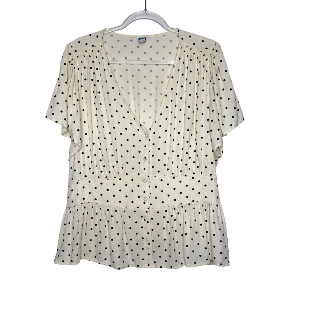 Old Navy Peplum Top XXL Tall Cream Black Polka Dot Button Front V-Neck